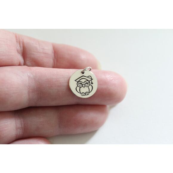 Sterling Silver Graduation Owl Charm, Wise Owl Charm, Graduation Charm - Picture 1 of 5
